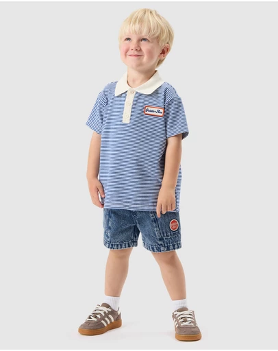 Goldie + Ace - Navy Stripe Logo Polo Top - Babies-Kids
