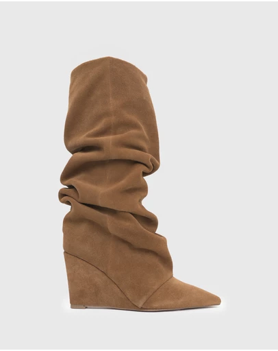 Betts - Lisbon Suede Leather Ruched Wedge Knee Boots