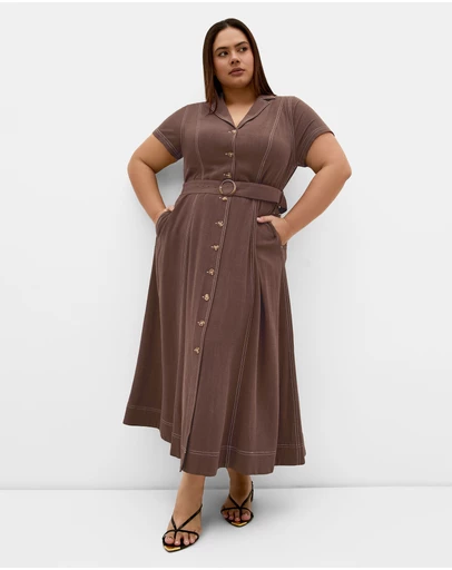 City Chic - Plus size Tia Belted Stitch Detail Maxi Dress - chocolate