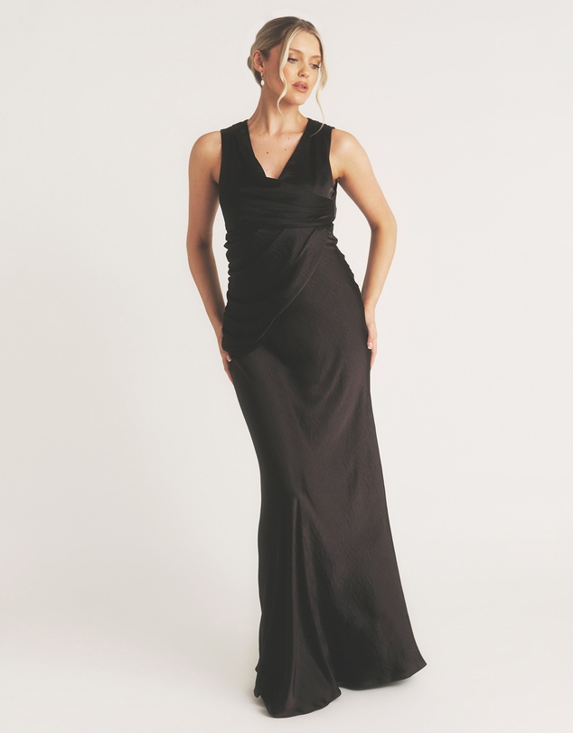 Six Stories - Plunge Drape Detail Satin Bridesmaid Dress