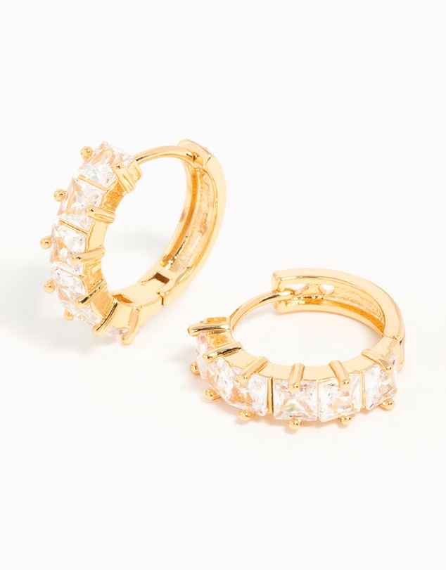 Lovisa - Gold Plated Brass Cubic Zirconia Baguette Medium Huggie Earrings