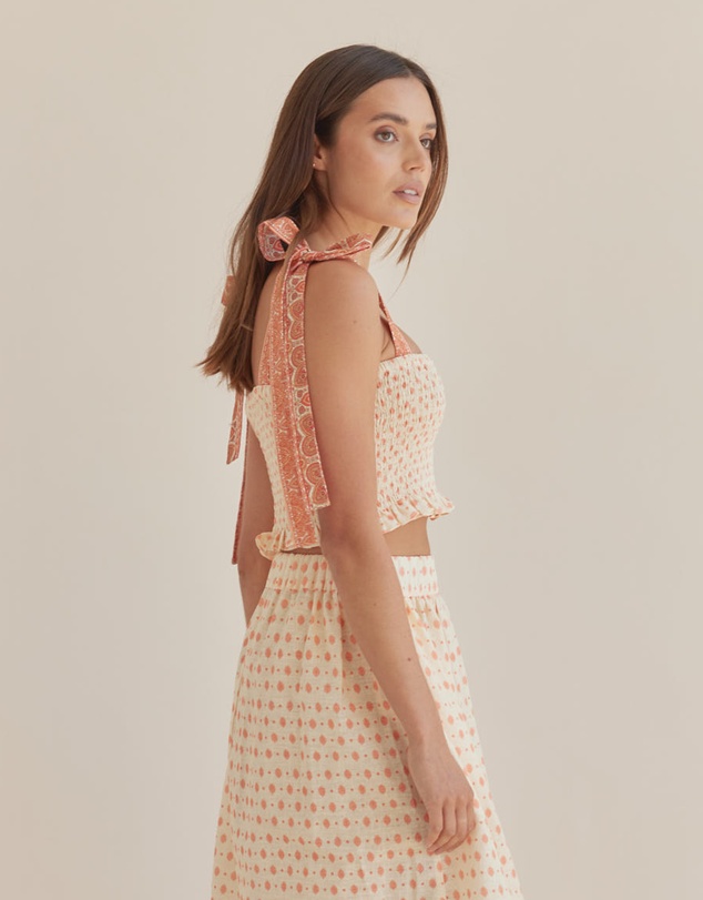 Amelius - Peach Paisley Shirred Crop Top