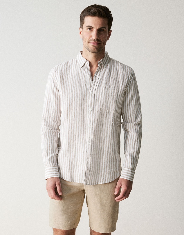 Trenery - Regular Fit Delave Linen Bold Stripe Shirt in Sahara