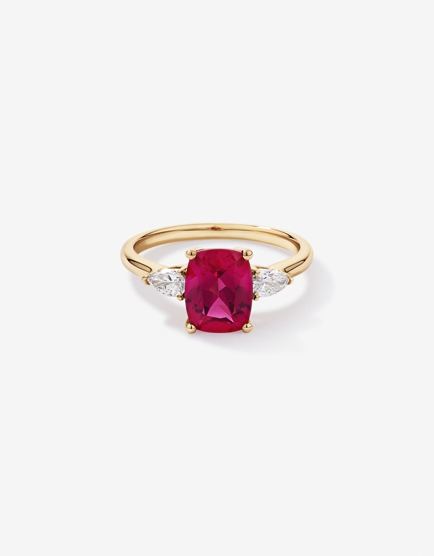 Michael Hill - Created Ruby and 0.27 Carat TW Laboratory-Grown Diamond 3 Stone Ring in 10kt Yellow Gold