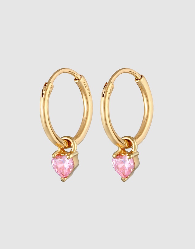 Elli Jewelry - Pink Heart Zirconia Hoop Earrings in Gold-Plated 925 Silver