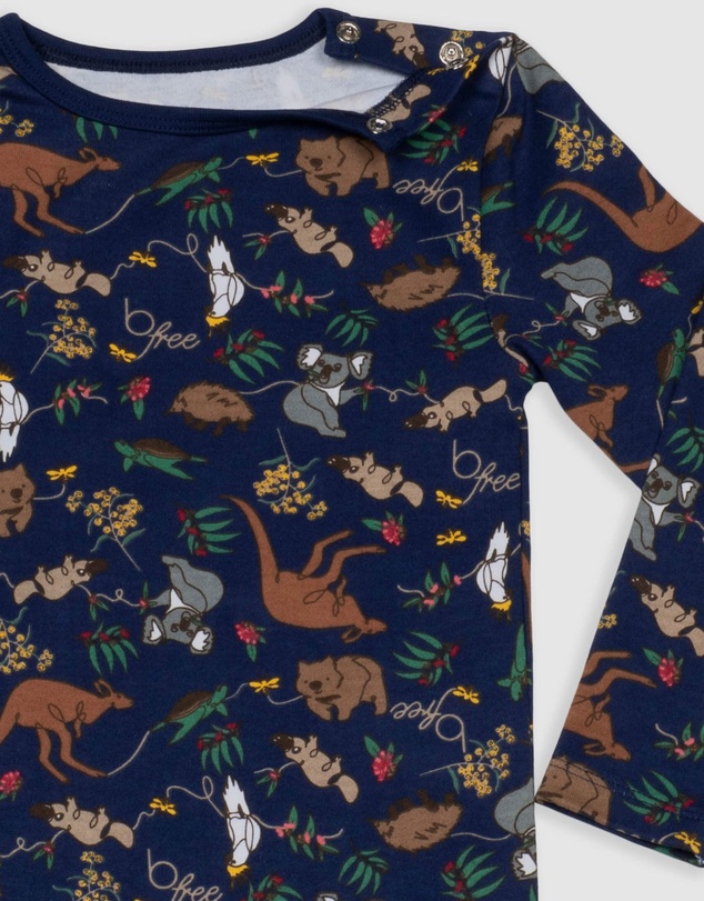 B Free Intimate Apparel - Baby Snap Button Sleepsuit with Booties - 100% Organic Cotton - Navy Native Aussie Animals