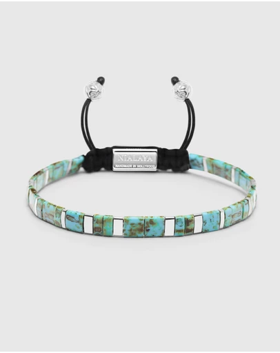 Nialaya Jewellery - Men's Bracelet with Marbled Turquoise And Silver Miyuki Tila Beads