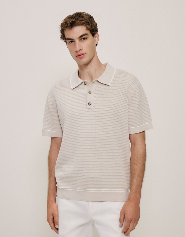 Trenery - Textured Cotton Tipped Knit Polo in Stone