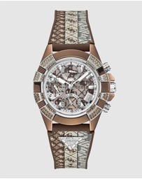 GUESS - ICONIC 40TH Logo 39mm Silver-Tone Case Brown Silicone Strap
