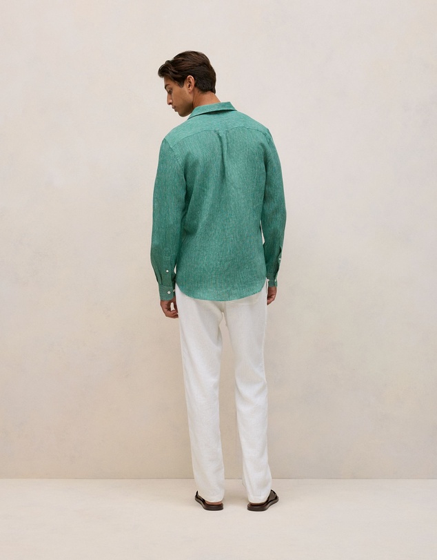 Trenery - Regular Fit Linen Fine Stripe Shirt in Deep Green