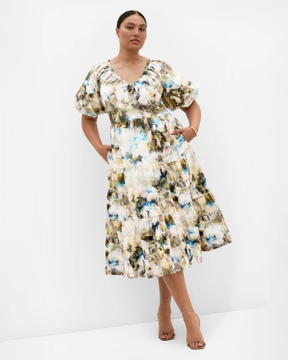 City Chic - Plus size Fantasy Ballroom Print V Neck Dress - ivory multi