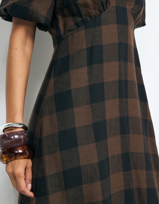 AERE - Inka Linen Gingham Puff Sleeve Midi Dress