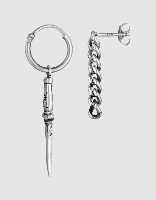 Haze & Glory - ICONIC EXCLUSIVE - Dagger and Chain Hoop Earrings in Oxidised 925 Silver