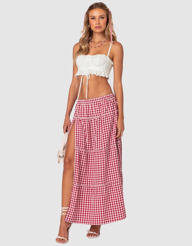 EDIKTED - Gingham Side Slit Tiered Maxi Skirt