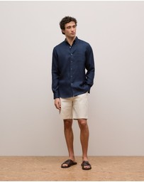 Trenery - Regular Fit Linen Classic Long Sleeve Shirt in Navy