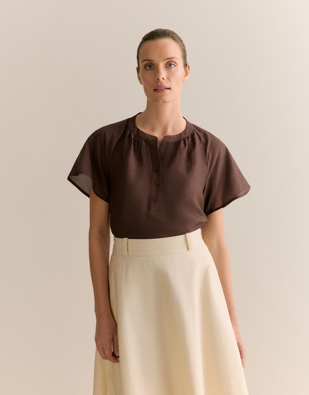 Trenery - Gather Detail Flutter Sleeve Blouse in Chocolate