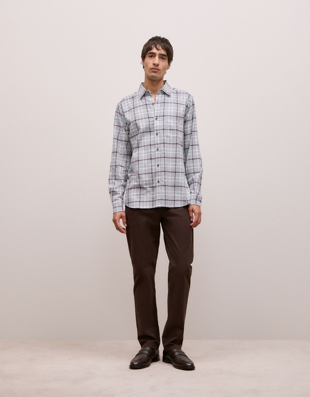 Trenery - Brushed Cotton Melange Check Shirt in Light Grey Marle