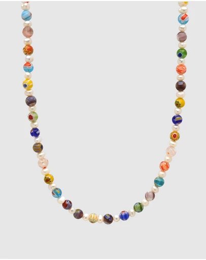Nialaya Jewellery - Men's Pearl Necklace with Hand-Painted Glass Beads