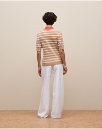 Trenery - Cotton Cashmere Stripe Rib Knit Polo in Light Camel