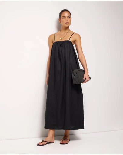 AERE - Liv Linen Gathered Neckline Midi Dress