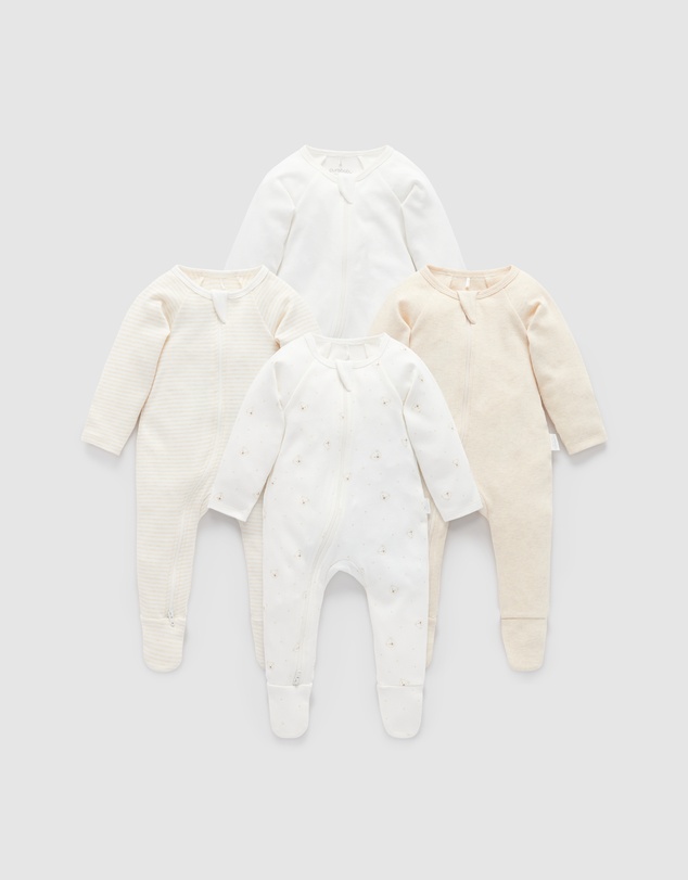 Purebaby - 4 Pack Zip Growsuit -Babies