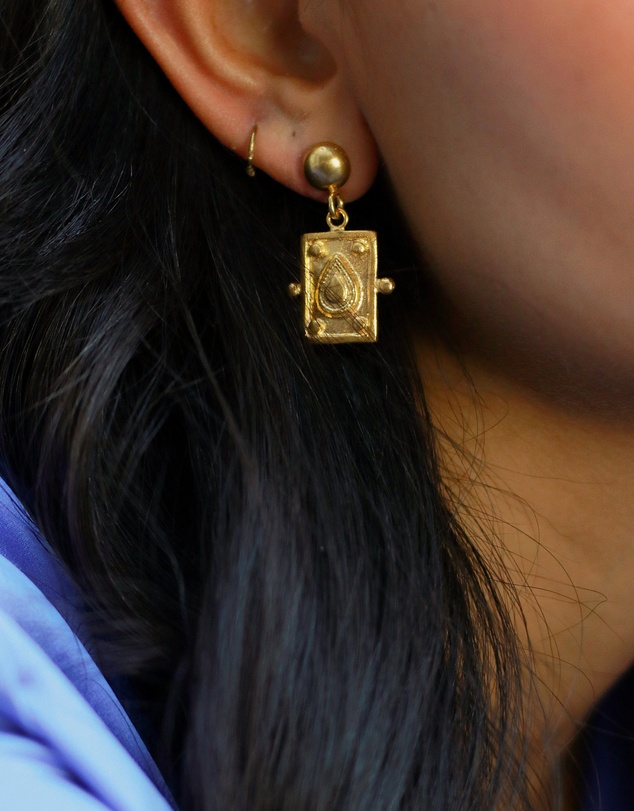 Ottoman Hands - Tyche Engraved Gold Drop Stud Earrings