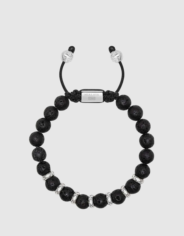 Nialaya Jewellery - Men's Sterling Silver Beaded Bracelet with Lava Stone