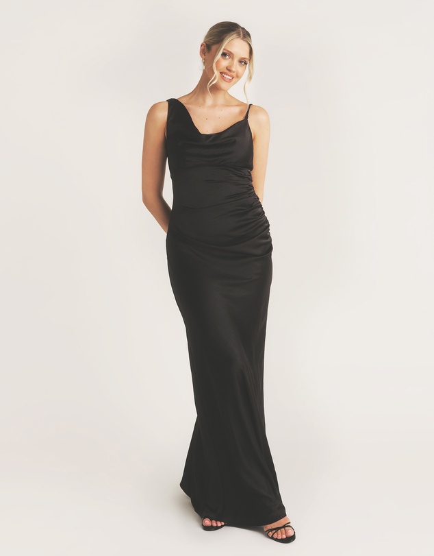 Six Stories - Cowl Front Asymmetrical Satin Bridesmaid Dress