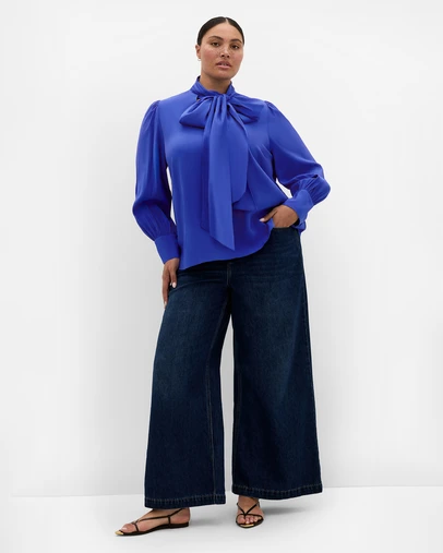 City Chic - Plus size Kenzie Neck Tie Top - ocean blue
