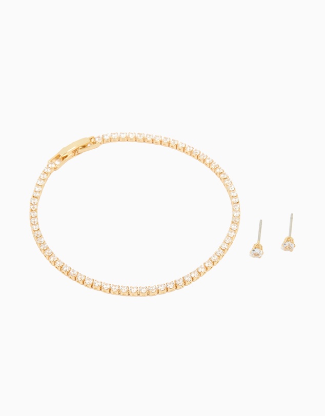 Lovisa - Gold Plated Small Cubic Zirconia Baguette Tennis Bracelet & Earrings Set