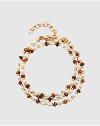 Nialaya Jewellery - Wrap Bracelet with White Pearls, Brown Tiger Eye, and Gold