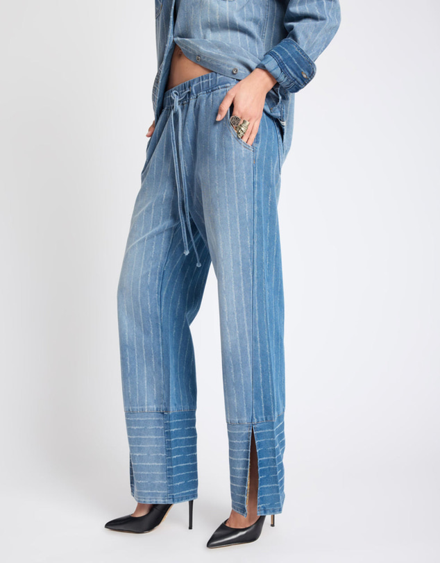 ONE TEASPOON - Roadhouse Mid Waist Wide Leg Drawstring Denim Jeans - Blue Stripe