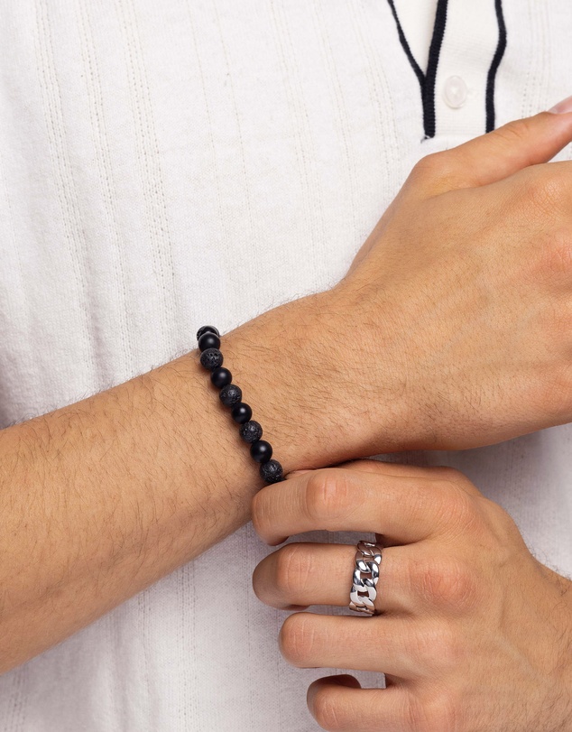 Nialaya Jewellery - Men's Wristband with Lava Stone, Matte Onyx and Black Logo Ball