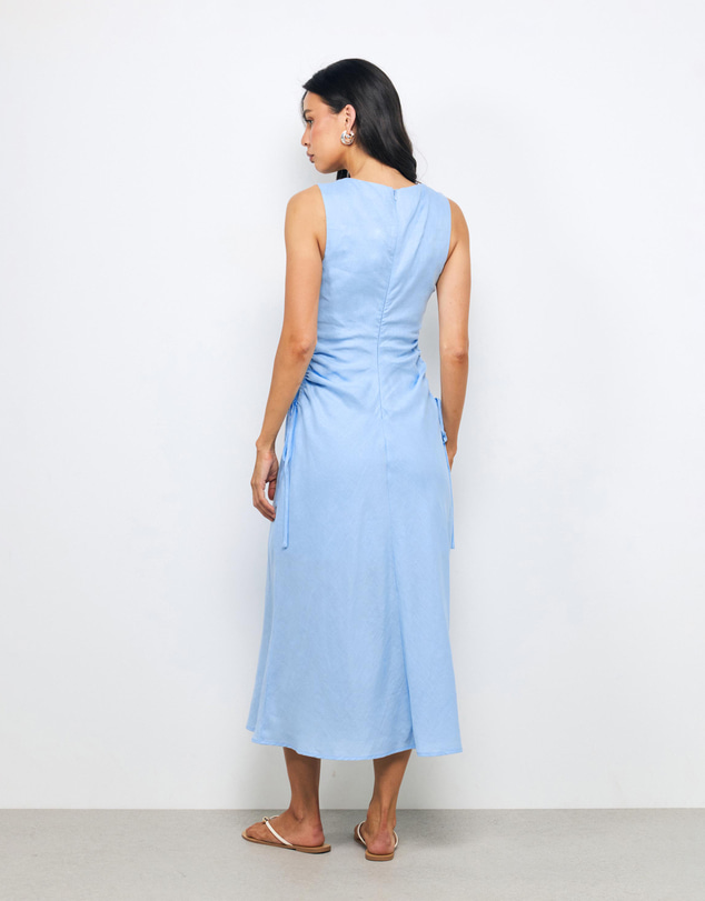 AERE - Orla Boatneck Ruched Waist Linen Midi Dress