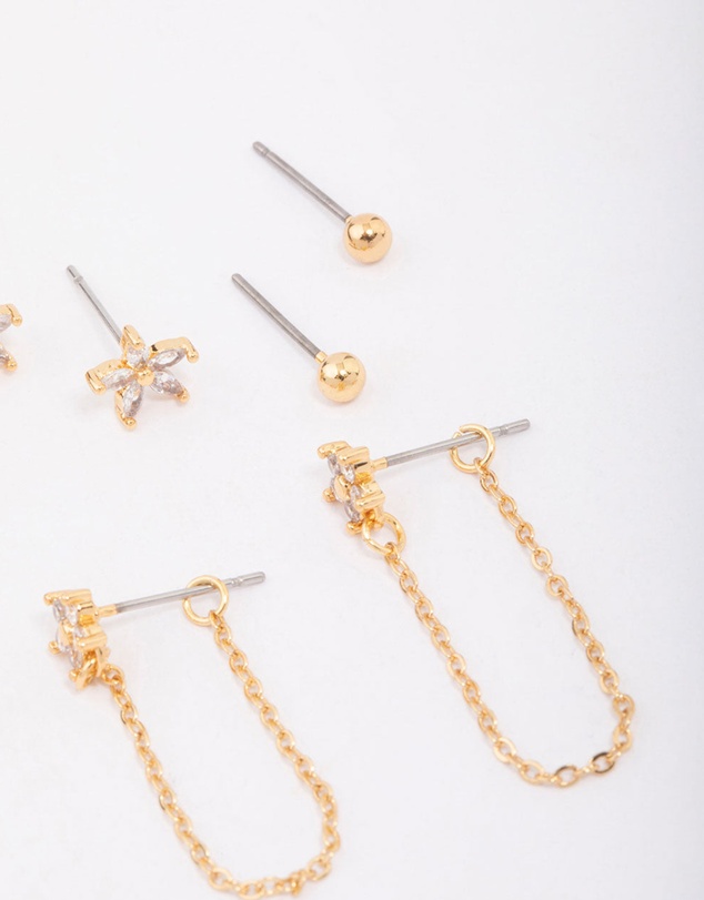 Lovisa - Gold Plated Brass Heart & Flower Chain Earring 4-Pack