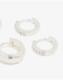 Lovisa - Silver Plated Brass Mini Cubic Zirconia & Plain Huggie Earrings 2-Pack