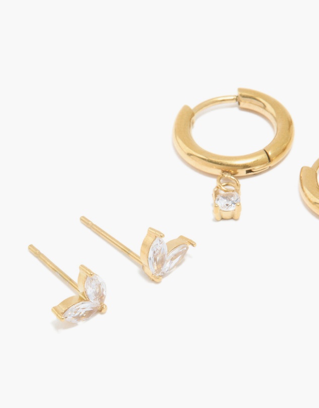 Lovisa - Waterproof Gold Plated Stainless Steel Cubic Zirconia Huggie & Stud Earrings Set