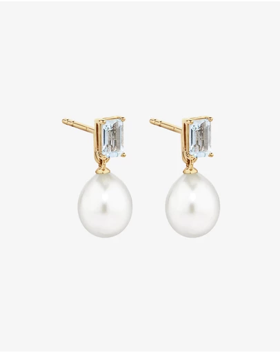 Michael Hill - Multi-Wear Aquamarine and Cultured Freshwater Pearl Drop Stud Earrings in 10kt Yellow Gold