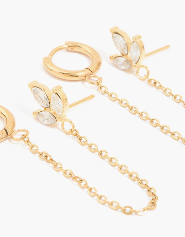 Lovisa - Waterproof Gold Plated Stainless Steel Cubic Zirconia Flower Hoop Chain & Flower Ear Stackers 2-Pack