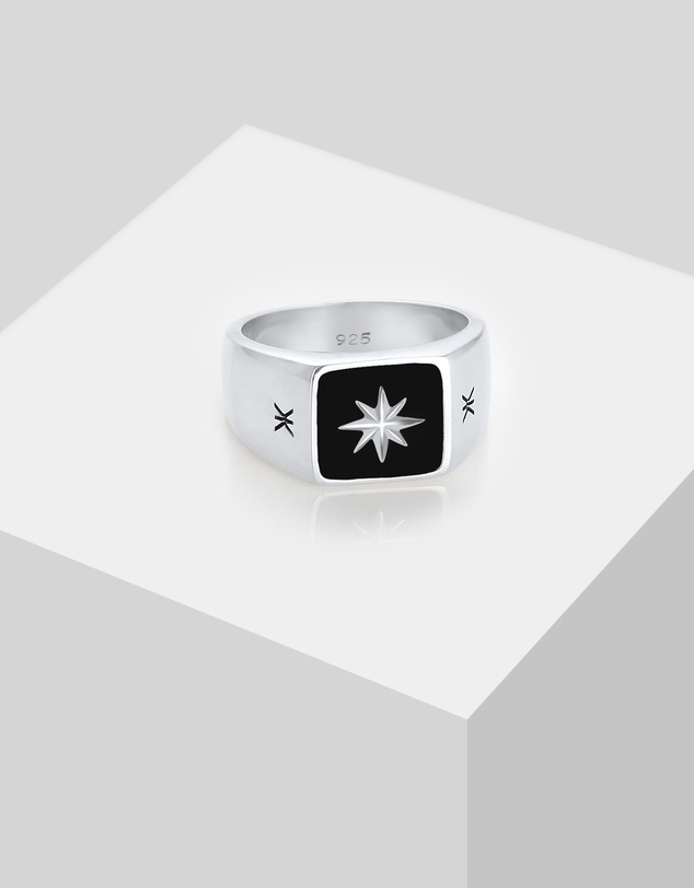 Kuzzoi - ICONIC EXCLUSIVE - Ring Signet Black Enamel Star Massive in 925 Sterling Silver