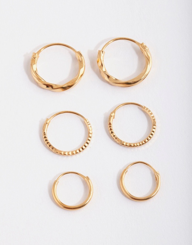 Lovisa - Gold Plated Sterling Silver Graduating Textured Hoop Earring Pack