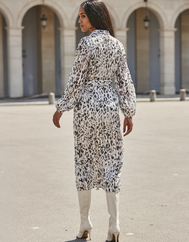 Sosandar - Grey Leopard Print Belted Shirt Dress