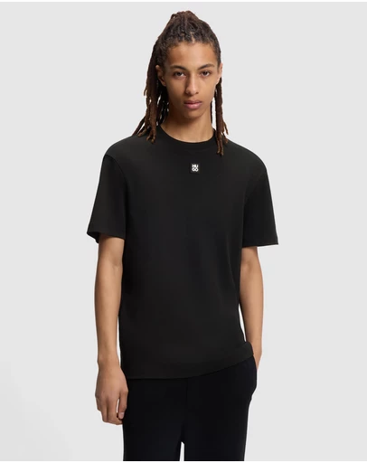 HUGO - Interlock-Cotton T-Shirt With Metallic Stacked-Logo Badge