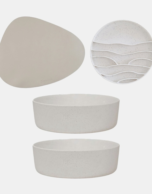 Lilly + Dash - Dog Eat and Drink Set – 2 Bowls + Lick Insert + Slate Placemat Set