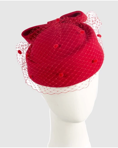 Max Alexander - Felt Red Pillbox Hat With Veil