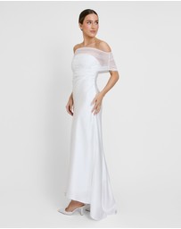 Six Stories - Bardot Detail Pearl Satin Midaxi Dress