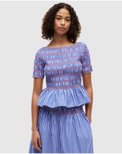 Tommy Hilfiger - Smock Stripe Ruffle Boat Neck Top