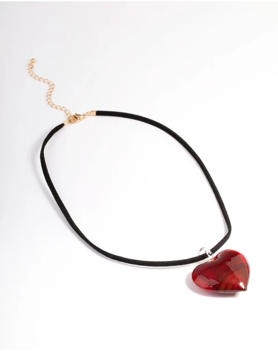 Lovisa - Large Red Puffy Heart Suede Cord Necklace