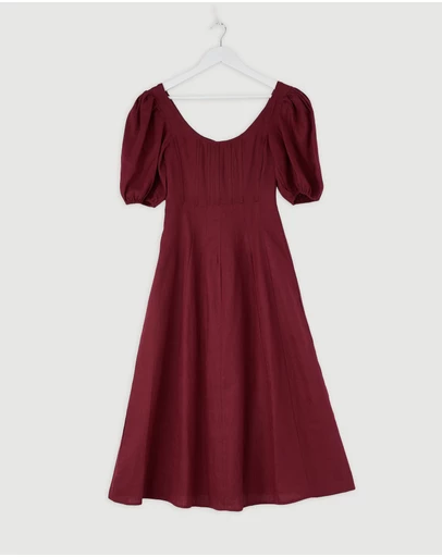 Revibe - Repaired AERE Paloma Linen Puff Sleeve Midi Dress - AU 8
