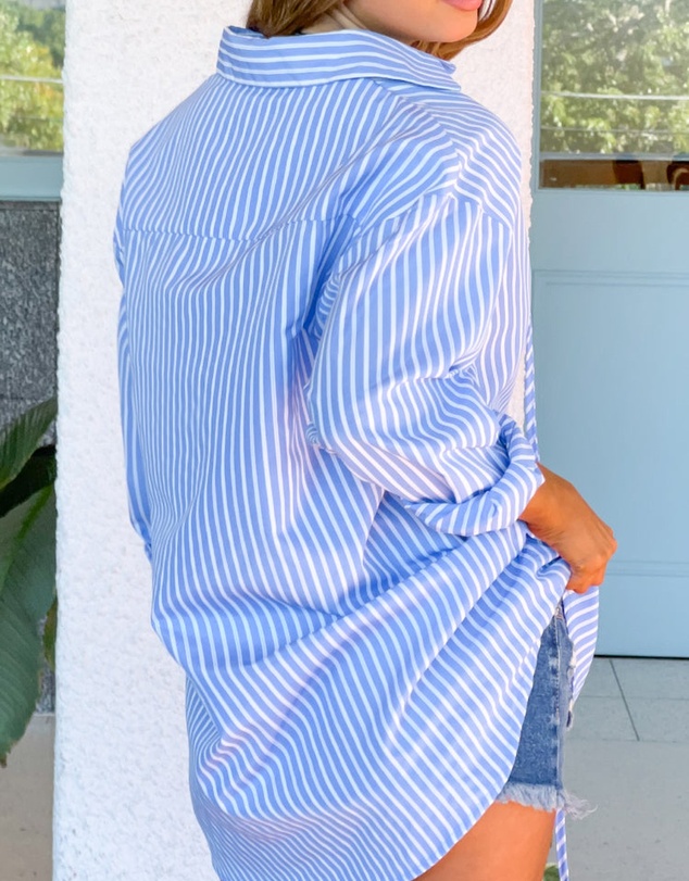 Beginning Boutique - Jasper Blue Pinstripe Lace Up Shirt Dress